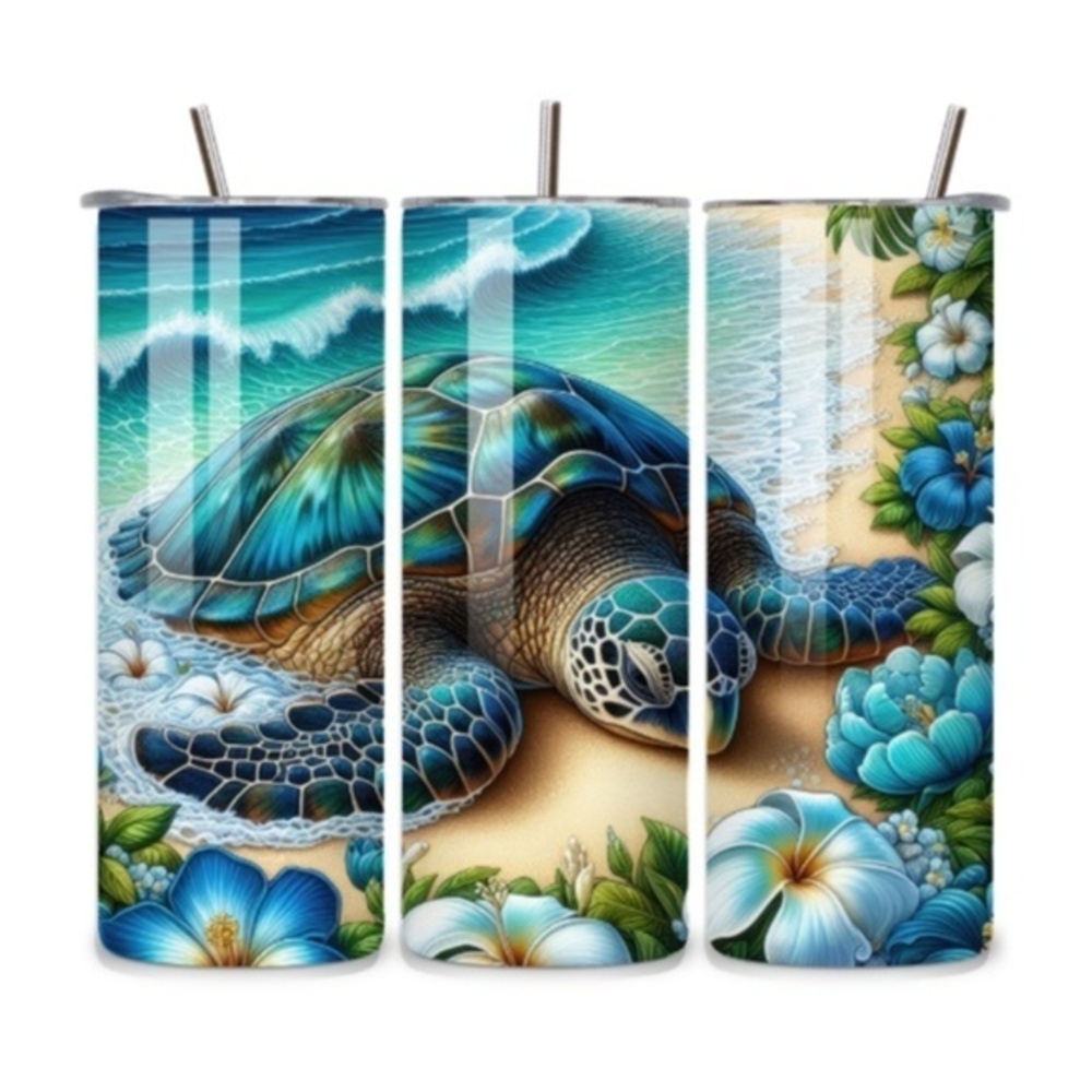 Handmade Sea Turtle Beach 20oz Stainless Steel Tumbler – Ocean Waves & Hibiscus
